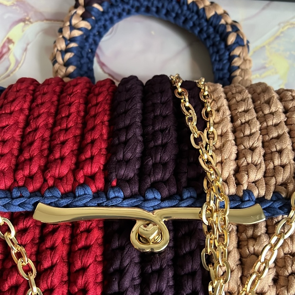 Hand Crafted Multicolor Top Handle Crochet Handbag - Picture 14 of 15